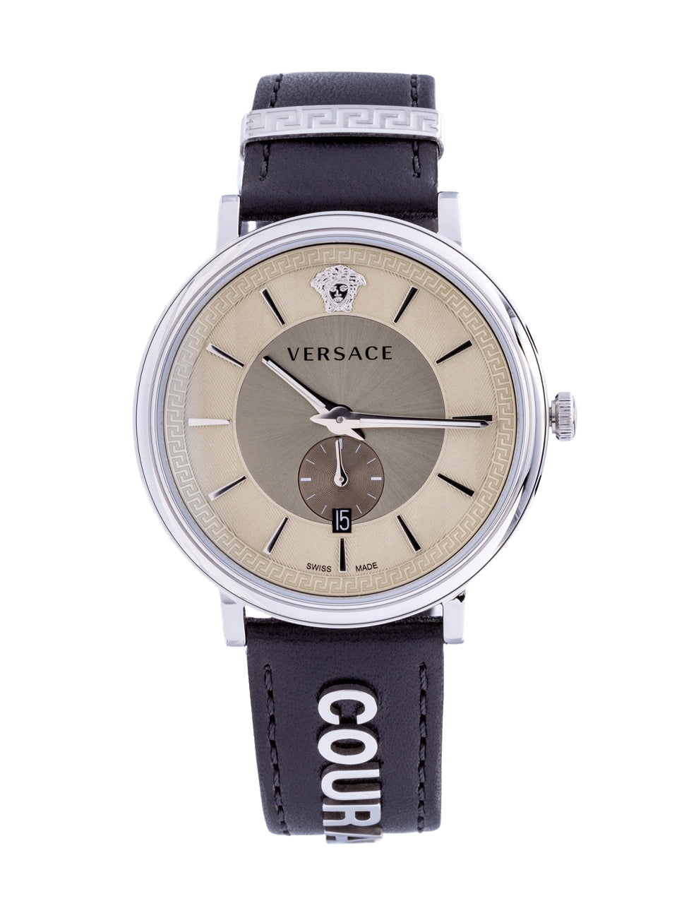 Shop Authentic Versace V-Circle Black Manifesto Courage Quartz Silver Dial Black Leather Strap Watch for Men - VBQ080017 - Luxxuri