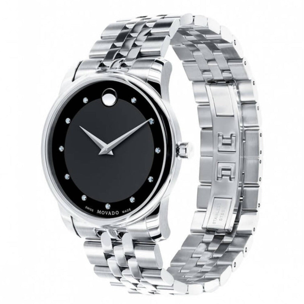  Shop Authentic Movado Museum Diamonds Black Dial Silver Steel Strap Watch For Men - 606878 - Luxxuri
