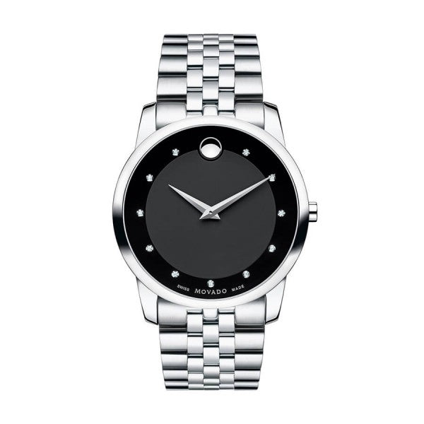  Shop Authentic Movado Museum Diamonds Black Dial Silver Steel Strap Watch For Men - 606878 - Luxxuri