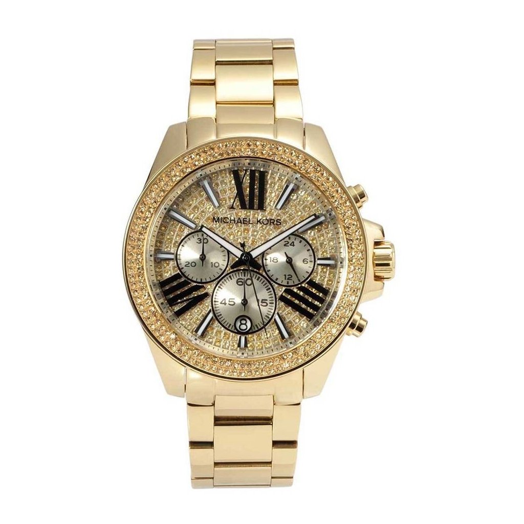  Shop Authentic Michael Kors Wren Chronograph Crystal Pave Gold Dial Gold Steel Strap Watch for Women - MK6095 - Luxxuri