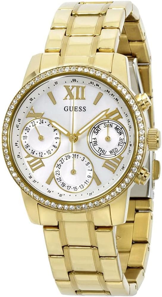  Shop Authentic Guess Mini Sunrise Diamonds Silver Dial Gold Steel Strap Watch for Women - W0623L3 - Luxxuri