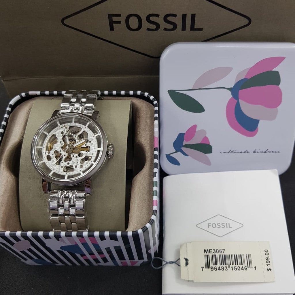  Shop Authentic Fossil Boyfriend Automatic Skeleton Silver Dial Silver Steel Strap Watch for Women - ME3067 - Luxxuri