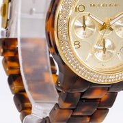  Shop Authentic Michael Kors Runway Chronograph Gold Dial Brown Acetate Strap Watch for Women - MK7475 - Luxxuri