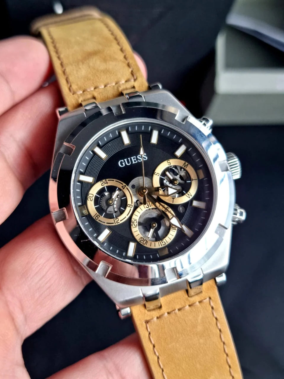  Shop Authentic Guess Continental Multifunction Black Dial Brown Leather Strap Watch for Men - GW0262G1 - Luxxuri