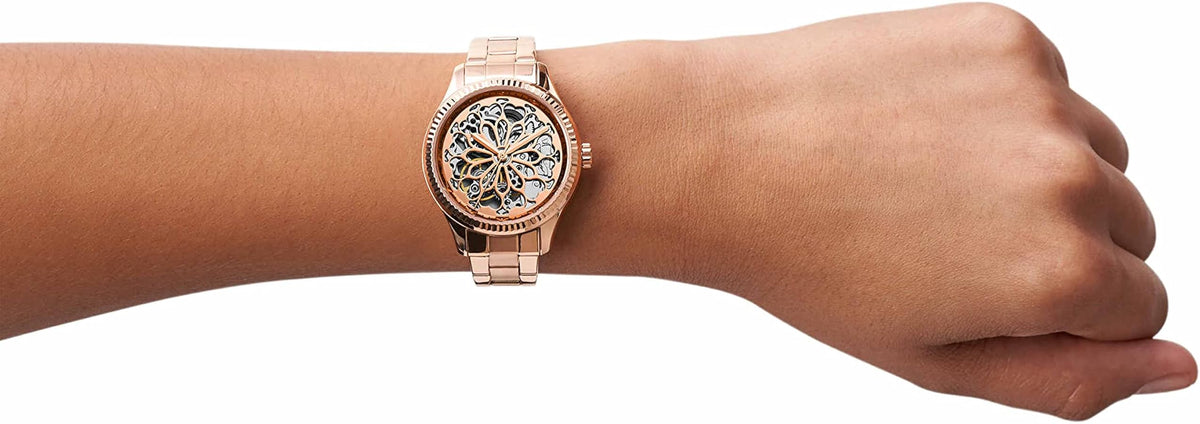  Shop Authentic Fossil Rye Automatic Skeleton Rose Gold Dial Rose Gold Steel Strap Watch for Women - BQ3754 - Luxxuri
