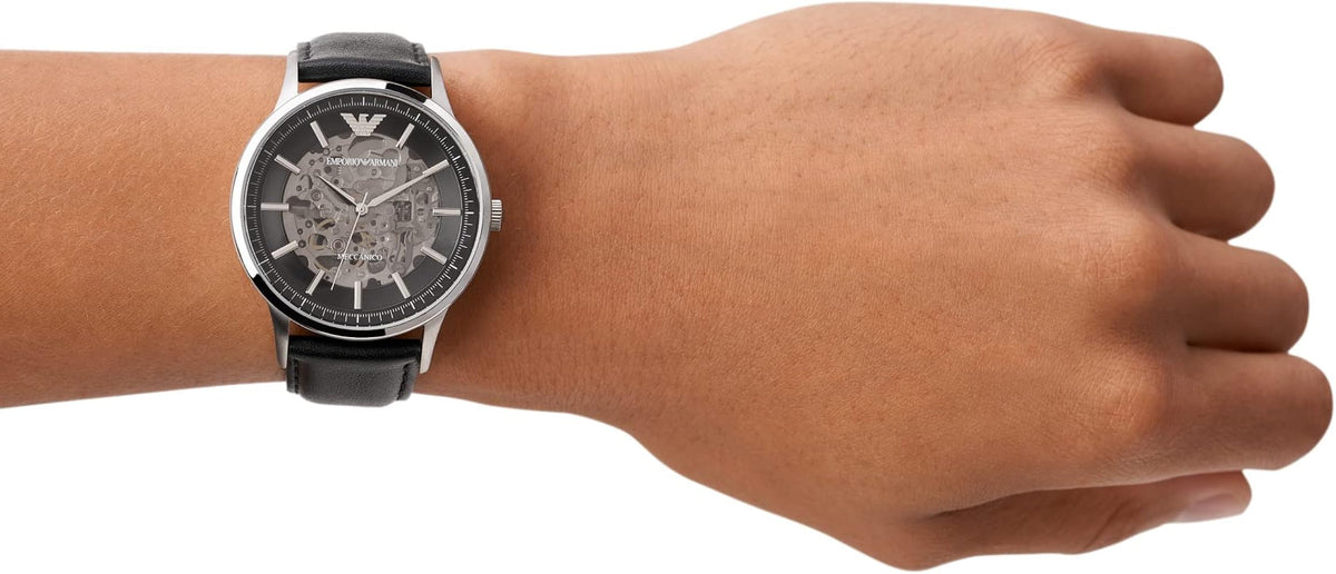  Shop Authentic Emporio Armani Meccanico Skeleton Automatic Black Dial Black Leather Strap Watch for Men - AR60038 - Luxxuri
