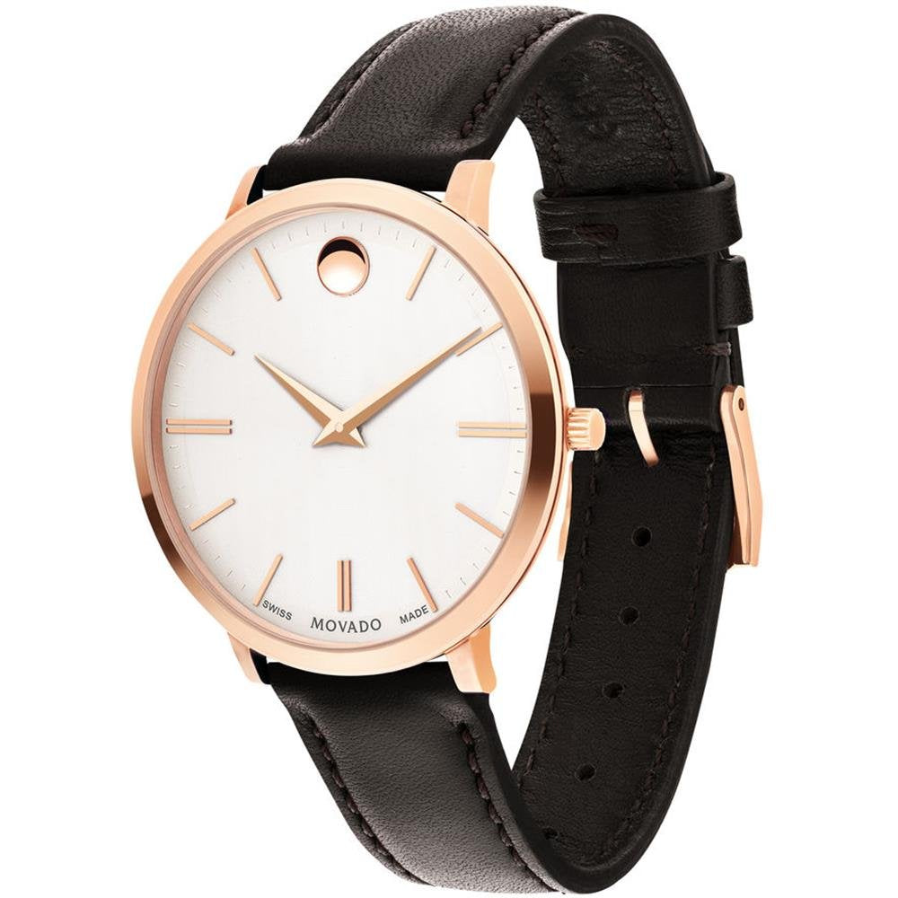  Shop Authentic Movado Ultra Slim Silver Dial Brown Leather Strap Watch For Women - 0607093 - Luxxuri