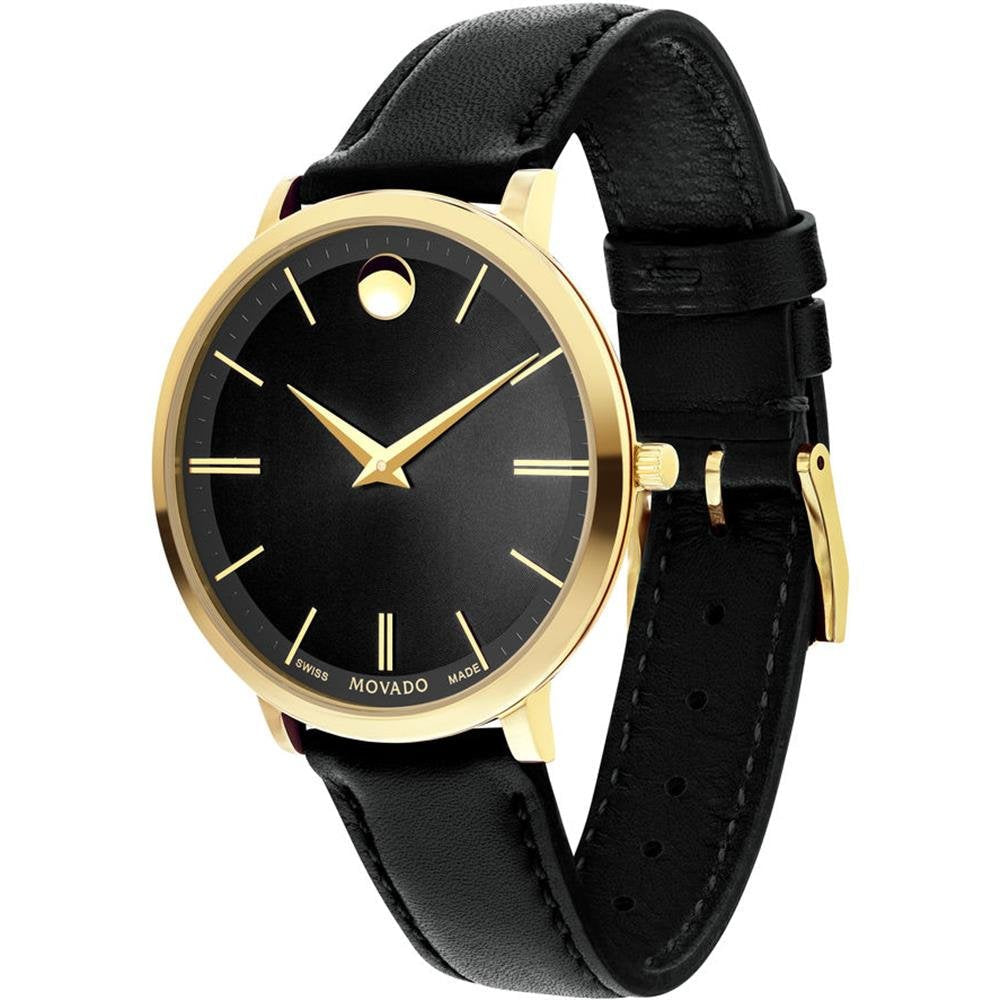  Shop Authentic Movado Ultra Slim Black Dial Black Leather Strap Watch For Women - 0607091 - Luxxuri