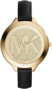  Shop Authentic Michael Kors Slim Runway Quartz Gold Dial Black Leather Strap Watch For Women - MK2392 - Luxxuri