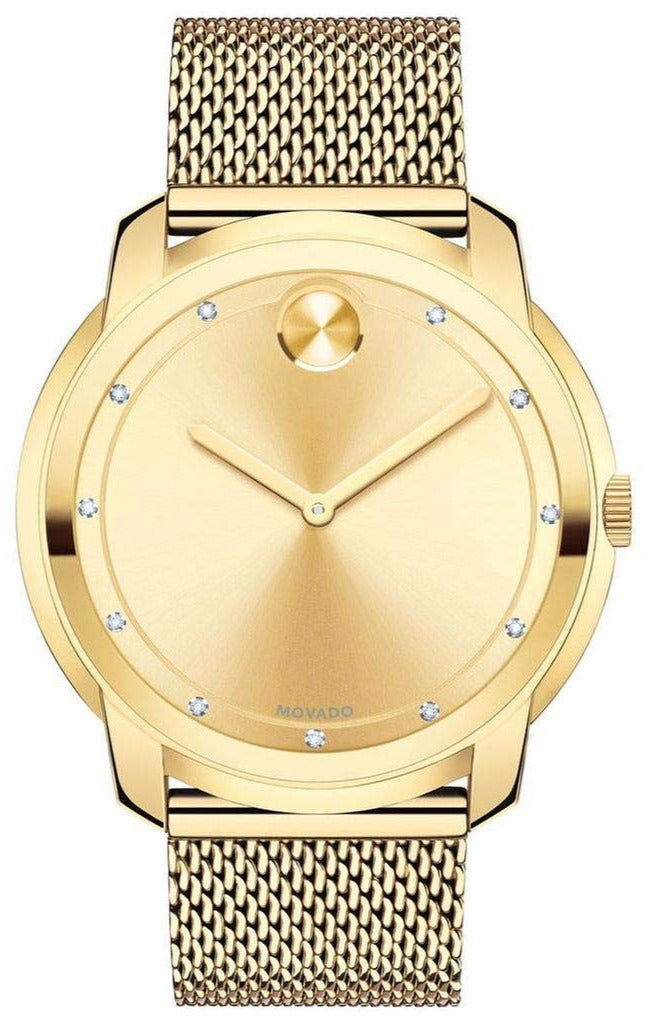  Shop Authentic Movado Bold Diamonds Gold Dial Gold Mesh Bracelet Watch For Men - 3600460 - Luxxuri