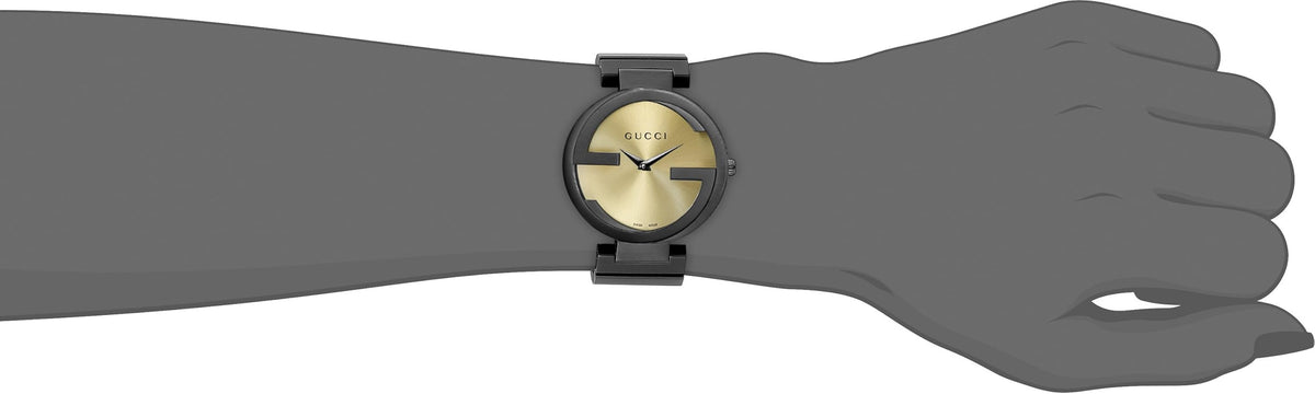  Shop Authentic Gucci Interlocking G Quartz Gold Dial Black Steel Strap Watch For Women - YA133314 - Luxxuri