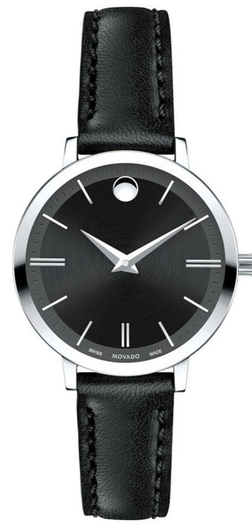  Shop Authentic Movado Ultra Slim Black Dial Black Leather Strap Watch For Women - 0607094 - Luxxuri