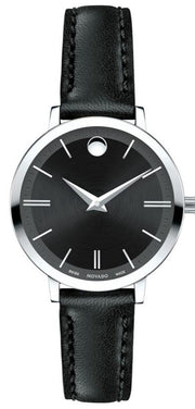  Shop Authentic Movado Ultra Slim Black Dial Black Leather Strap Watch For Women - 0607094 - Luxxuri
