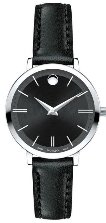  Shop Authentic Movado Ultra Slim Black Dial Black Leather Strap Watch For Women - 0607094 - Luxxuri