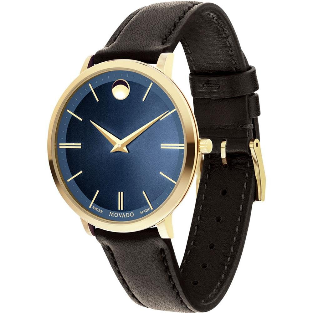  Shop Authentic Movado Ultra Slim Blue Dial Brown Leather Strap Watch For Women - 0607092 - Luxxuri