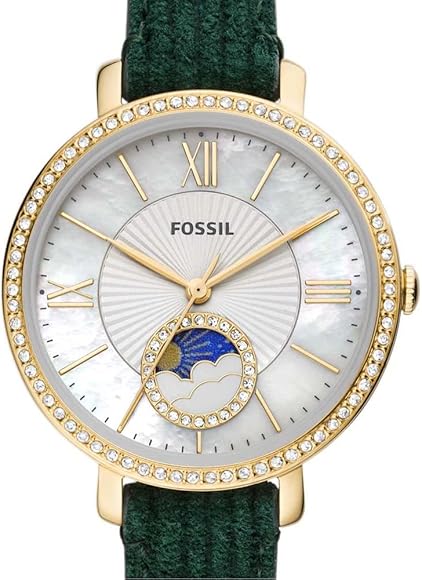  Shop Authentic Fossil Jacqueline Multifunction Moonphase Mother of Pearl White Dial Green Leather Strap Watch for Women - ES5244 - Luxxuri