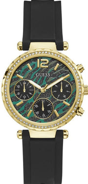 Guess Solstice Green Dial Black Rubber Strap Watch for Women - GW0113L1