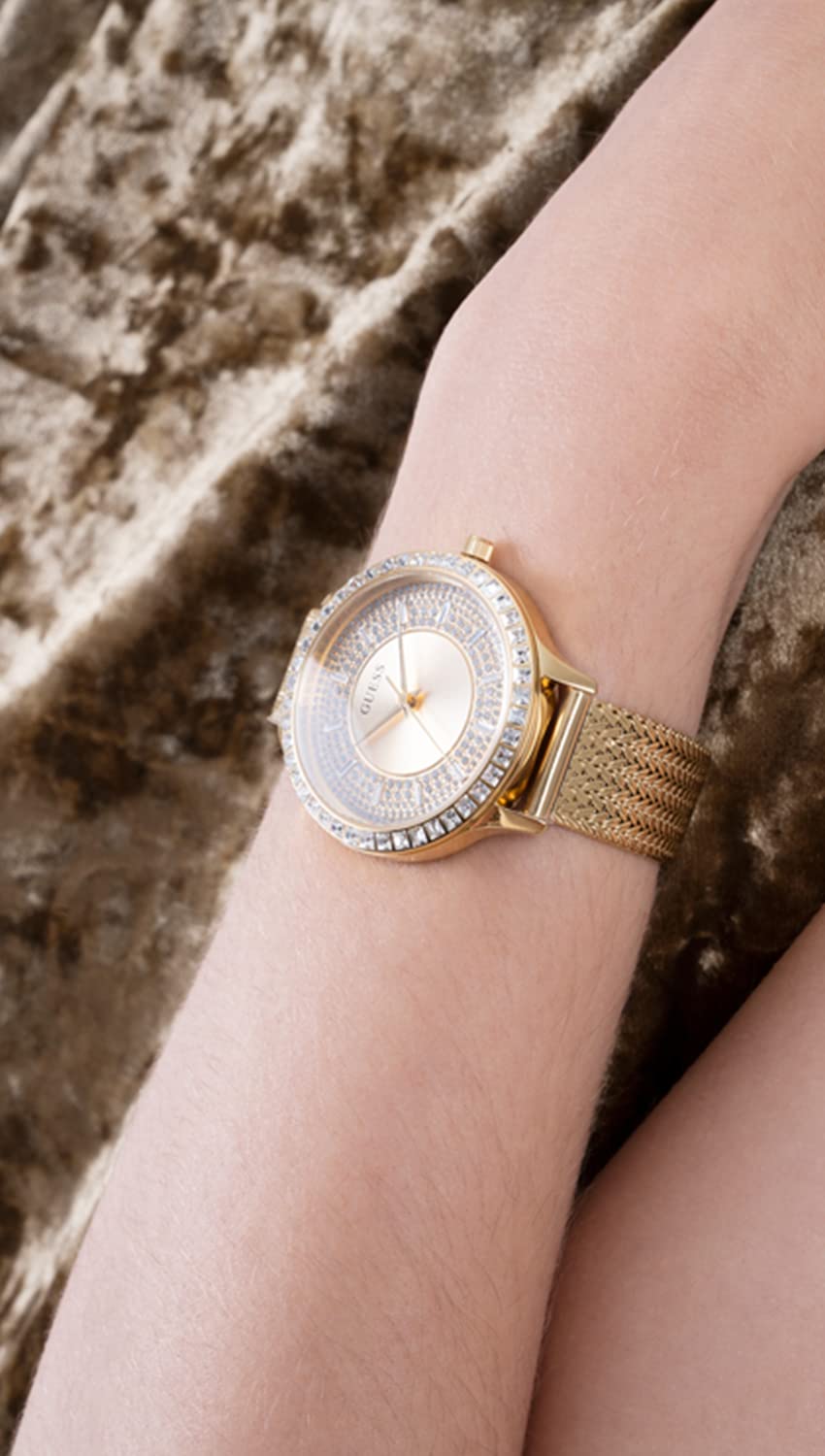  Shop Authentic Guess Soiree Diamonds Gold Dial Gold Mesh Bracelet Watch for Women - GW0402L2 - Luxxuri
