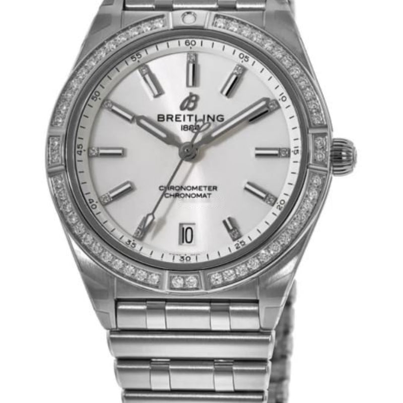  Shop Authentic Breitling Chronomat Automatic 36 Diamonds White Dial Silver Steel Strap Watch for Women - A10380591A1A1 - Luxxuri