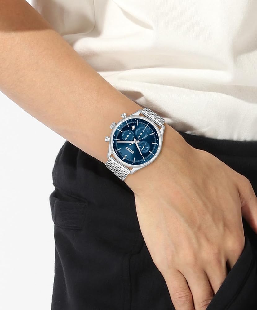  Shop Authentic Hugo Boss Gregor Chronograph Blue Dial Silver Mesh Bracelet Watch For Men - 1514052 - Luxxuri