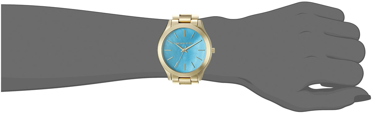  Shop Authentic Michael Kors Slim Runway Blue Mother of Pearl Dial Gold Steel Strap Watch for Women - MK3492 - Luxxuri