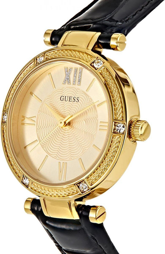  Shop Authentic Guess Park Avenue Quartz Gold Dial Black Leather Strap Watch For Women - W0838L1 - Luxxuri