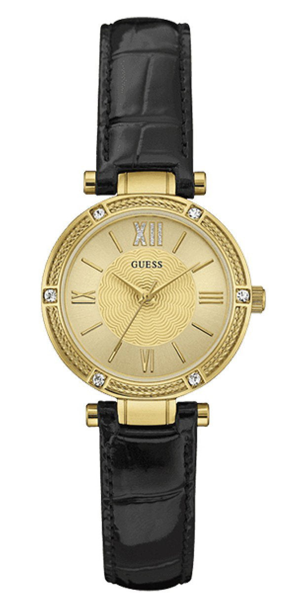  Shop Authentic Guess Park Avenue Quartz Gold Dial Black Leather Strap Watch For Women - W0838L1 - Luxxuri