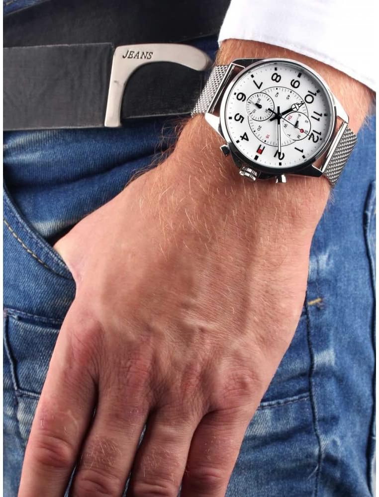  Shop Authentic Tommy Hilfiger Dean Chronograph White Dial Silver Mesh Bracelet Watch for Men - 1791277 - Luxxuri