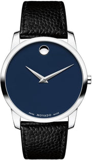  Shop Authentic Movado Museum Blue Dial Black Leather Strap Watch For Men - 607013 - Luxxuri