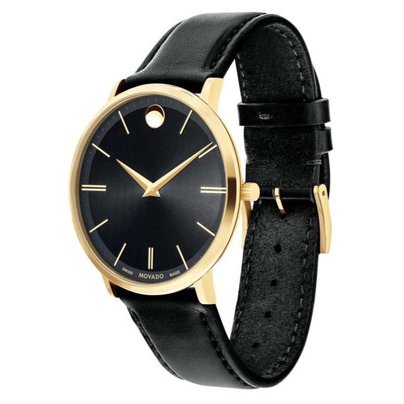  Shop Authentic Movado Ultra Slim Black Dial Black Leather Strap Watch For Men - 0607087 - Luxxuri