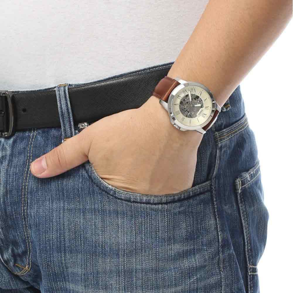  Shop Authentic Fossil Grant Automatic Beige Skeleton Dial Brown Leather Strap Watch for Men - ME3099 - Luxxuri