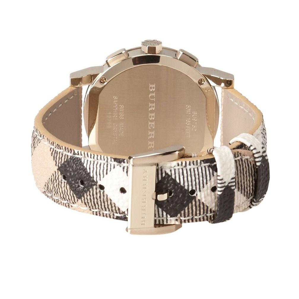  Shop Authentic Burberry The City White Dial Haymarket Beige Leather Strap Watch for Women - BU9752 - Luxxuri