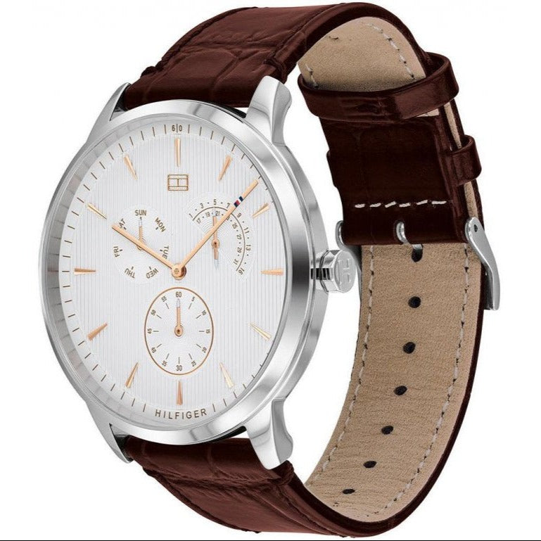  Shop Authentic Tommy Hilfiger Brad Chronograph White Dial Brown Leather Strap Watch For Men - 1710389 - Luxxuri