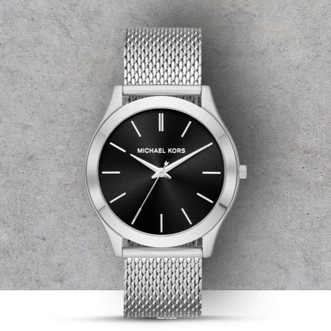  Shop Authentic Michael Kors Slim Runway Analog Black Dial Silver Mesh Bracelet Watch For Men - MK8606 - Luxxuri