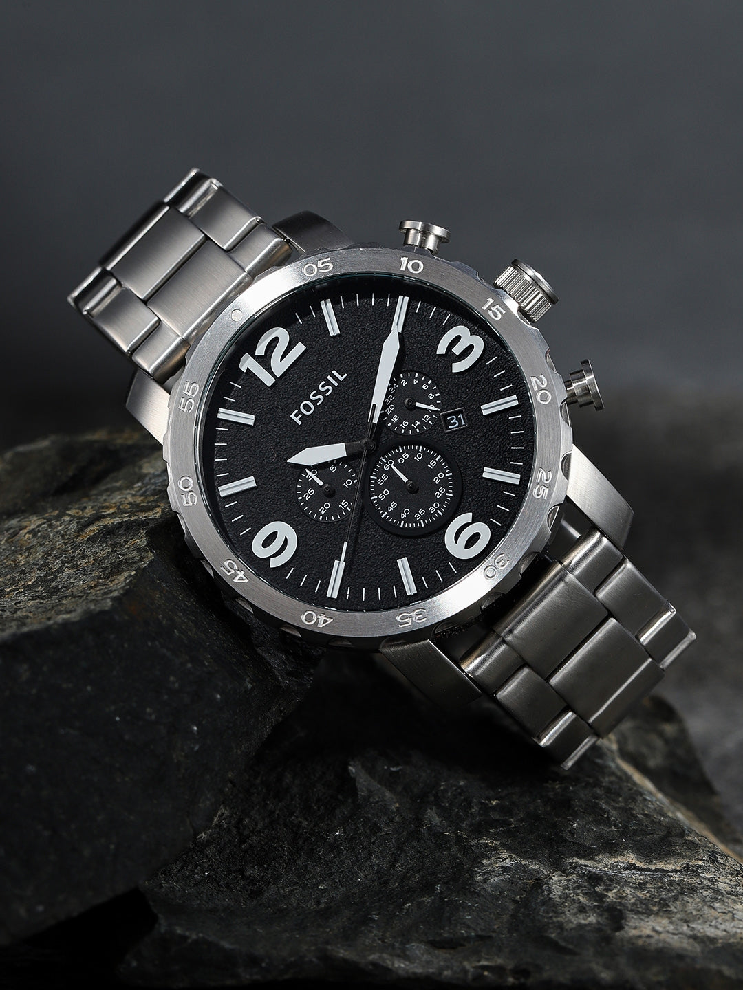  Shop Authentic Fossil Nate Chronograph Black Dial Silver Steel Strap Watch for Men - JR1353 - Luxxuri