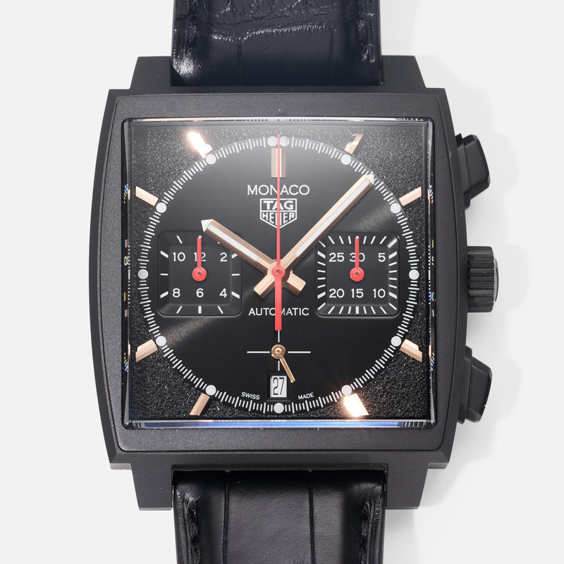 Shop Authentic Tag Heuer Monaco Automatic Chronograph Black Dial Black Leather Strap Watch for Men - CBL2180.FC6497 - Luxxuri