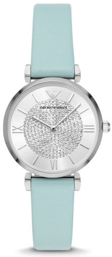  Shop Authentic Emporio Armani Gianni T Bar Analog Crystals Silver Dial Blue Leather Strap Watch For Women - AR11443 - Luxxuri