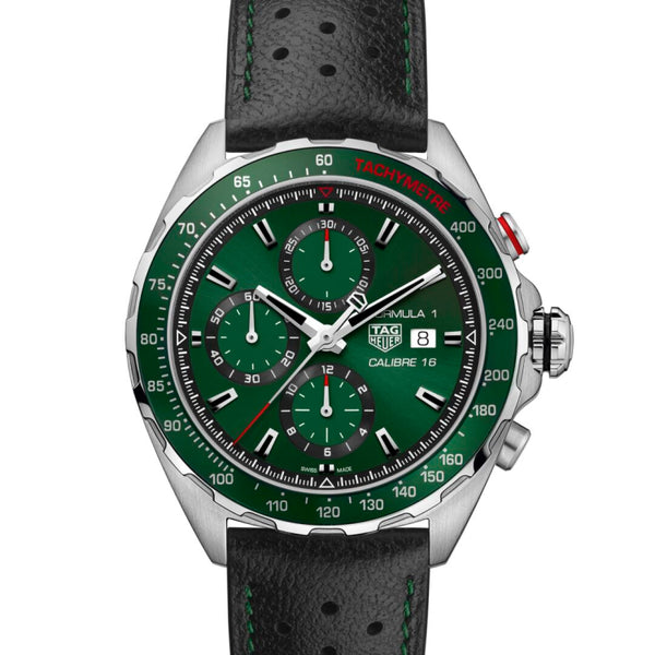  Shop Authentic Tag Heuer Formula 1 Calibre 16 Automatic Chronograph Green Dial Black Leather Strap Watch for Men - CAZ2016.FC6473 - Luxxuri