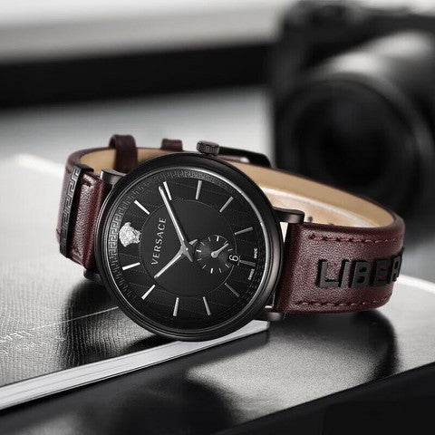  Shop Authentic Versace V-Circle Manifesto Black Dial Maroon Leather Strap Watch for Men - VBQ040017 - Luxxuri