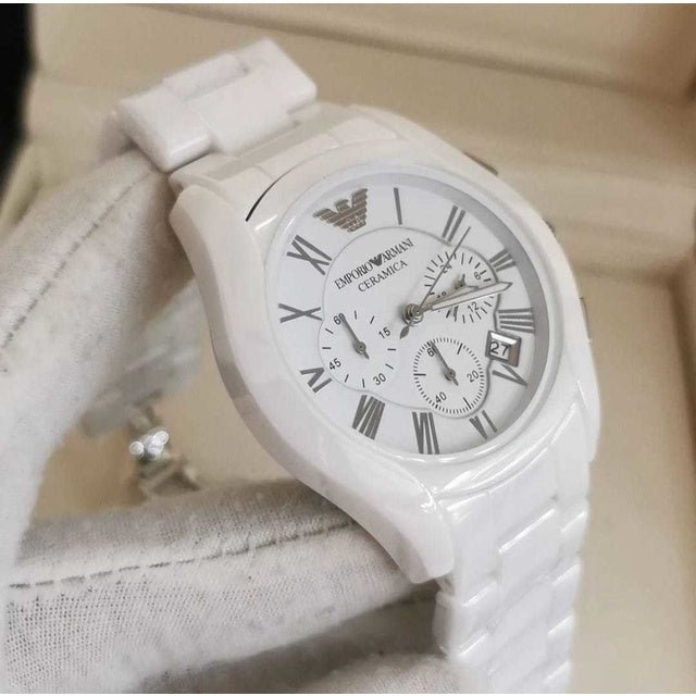  Shop Authentic Emporio Armani Chronograph Ceramic White Dial Watch For Women - AR1403 - Luxxuri