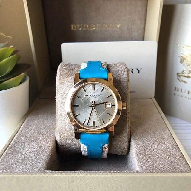  Shop Authentic Burberry Heritage Gold Dial Blue Leather Strap Watch for Women - BU9112 - Luxxuri