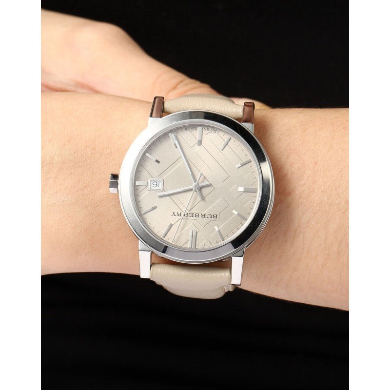  Shop Authentic Burberry The City Silver Dial Beige Leather Strap Unisex Watch - BU9010 - Luxxuri
