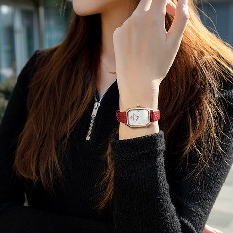  Shop Authentic Emporio Armani Gianni T Bar Two-Hand Mother of Pearl Dial Red Leather Strap Watch For Women - AR11467 - Luxxuri