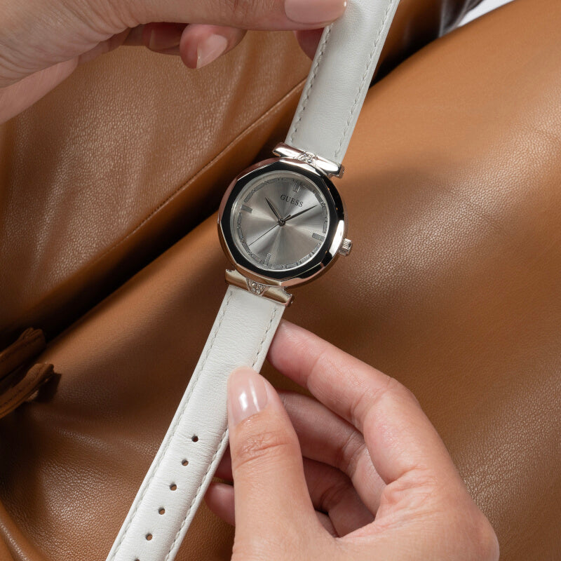  Shop Authentic Guess Rumour Silver Dial White Leather Strap Watch For Women - GW0689L1 - Luxxuri