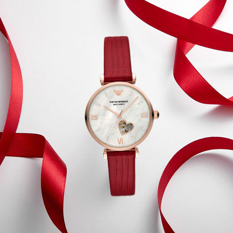  Shop Authentic Emporio Armani Gianni T-Bar Mother of Pearl White Dial Red Leather Strap Watch For Women - AR60048 - Luxxuri
