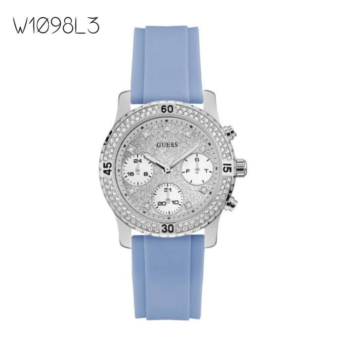  Shop Authentic Guess Confetti Crystal Silver Dial Blue Rubber Strap Watch For Women - W1098L3 - Luxxuri