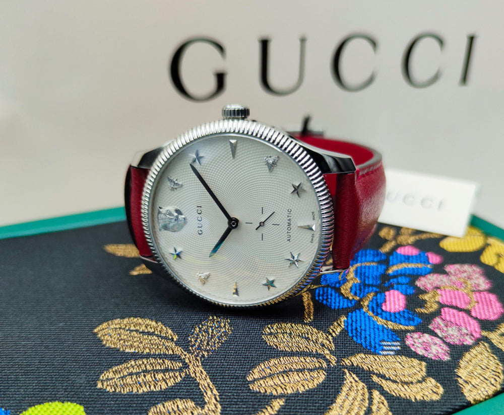  Shop Authentic Gucci G Timeless Automatic Silver Dial Red Leather Strap Watch For Men - YA126346 - Luxxuri