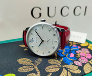  Shop Authentic Gucci G Timeless Automatic Silver Dial Red Leather Strap Watch For Men - YA126346 - Luxxuri