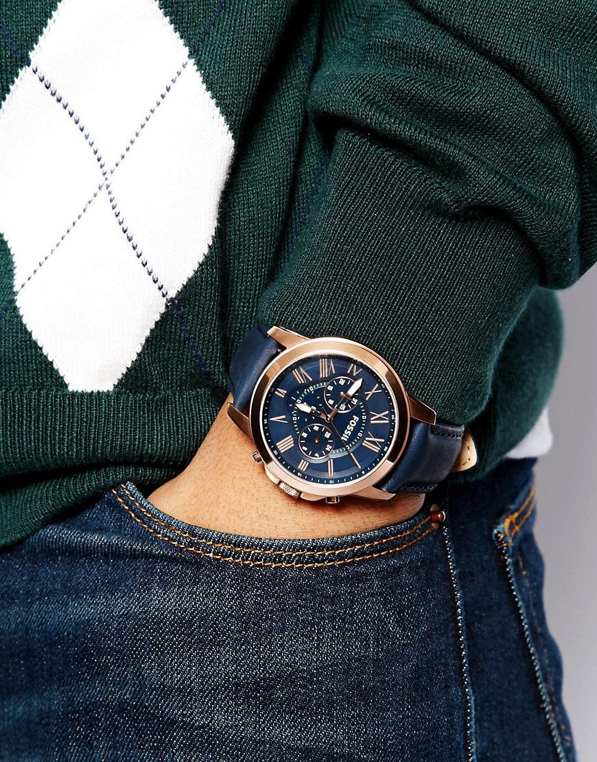  Shop Authentic Fossil Grant Chronograph Blue Dial Blue Leather Strap Watch for Men - FS4835 - Luxxuri