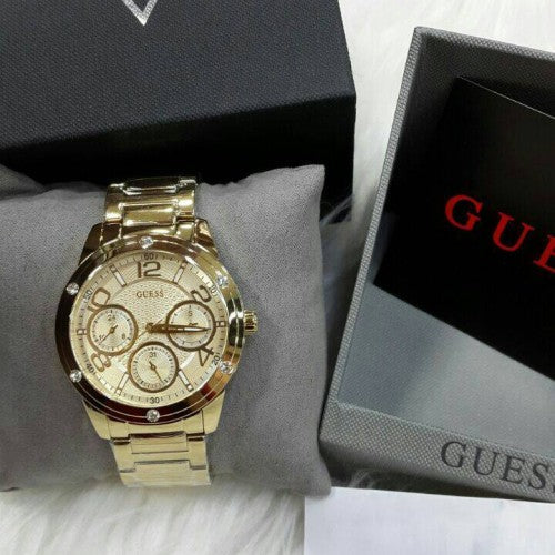  Shop Authentic Guess Crystal Multifunction Gold Dial Gold Steel Strap Watch for Women - W0778L2 - Luxxuri